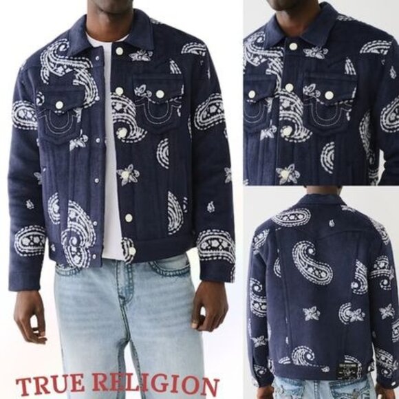 True Religion Dress Blue Over Paisley Jimmy Brushed Jacket Men's size 3XL - Picture 1 of 12